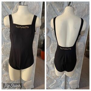 Vintage Longitude Black Gold One Piece Swim Suit With open Back-See Measurements